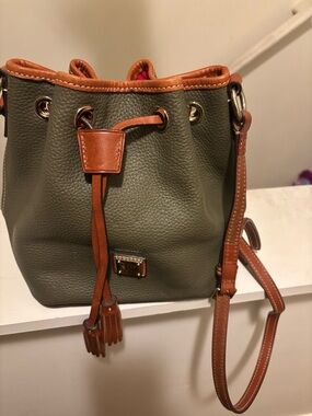 Olive Green Drawstring Bucket Crossbody with Tan Trim